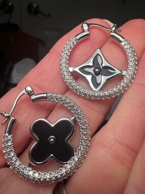 Silver Hoop Earrings with Black Floral Accent and Crystal Pavé